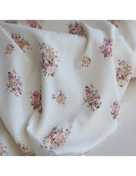 Jersey coton côtes fines à motif fleuri rose