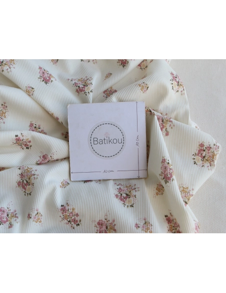 Jersey coton côtes fines à motif fleuri rose