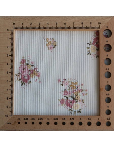 Jersey coton côtes fines à motif fleuri rose