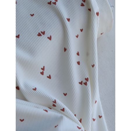 Jersey coton côtes fines à motifs mini coeurs lie de vin