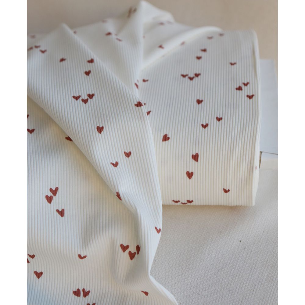 Jersey coton côtes fines à motifs mini coeurs lie de vin