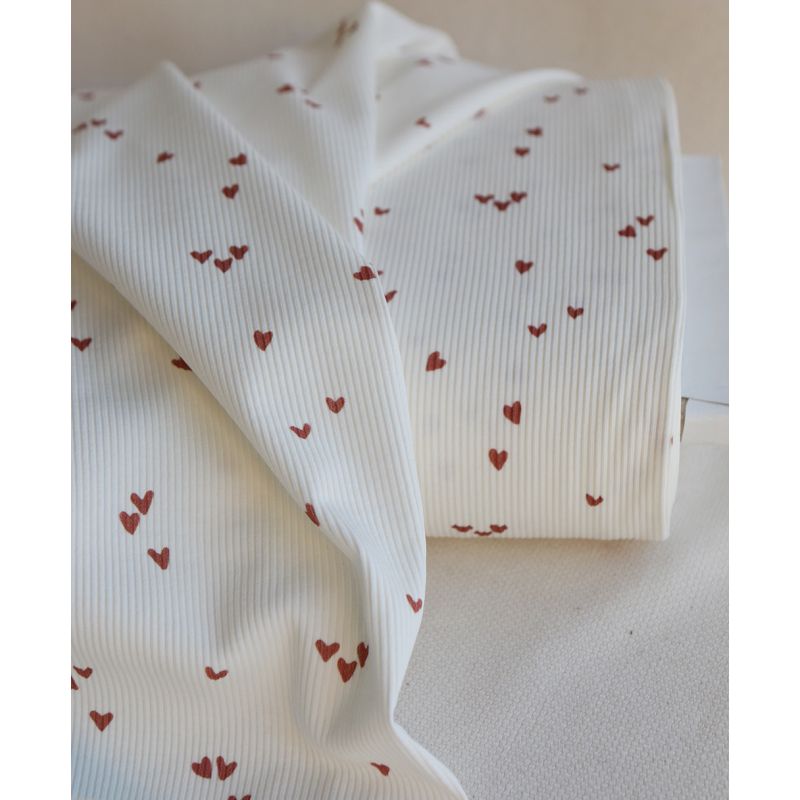 Jersey coton côtes fines à motifs mini coeurs lie de vin