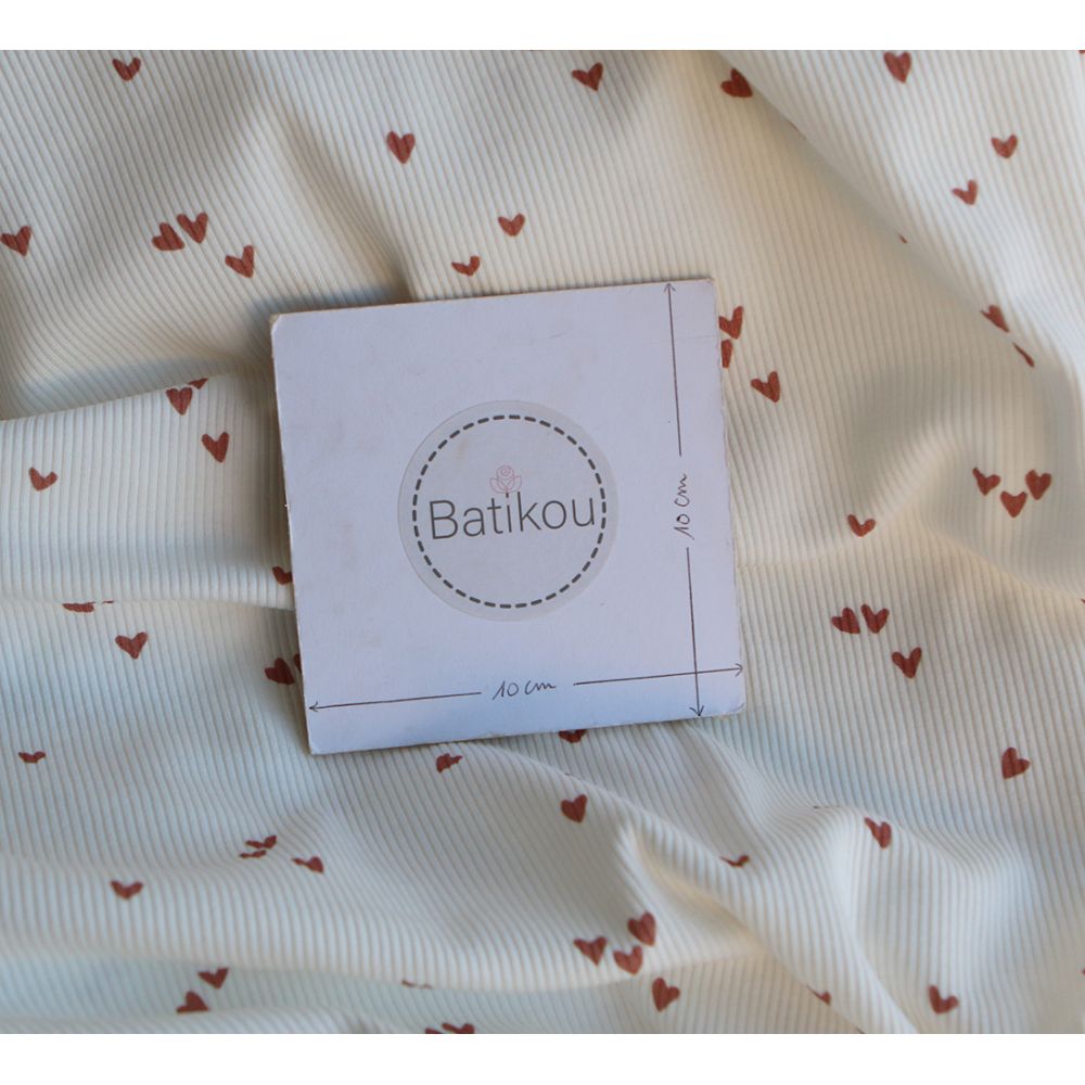 Jersey coton côtes fines à motifs mini coeurs lie de vin