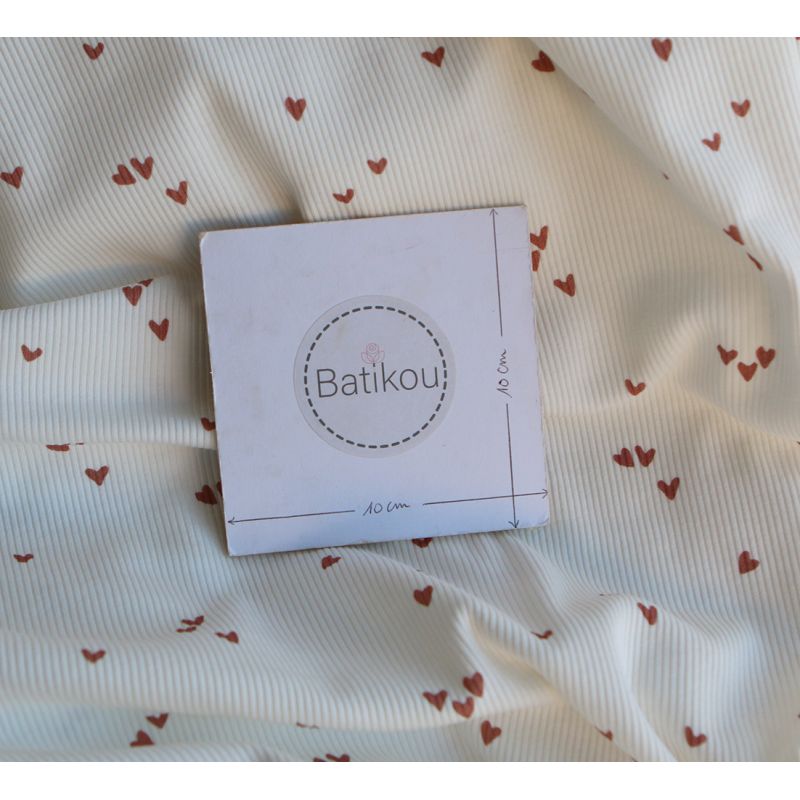 Jersey coton côtes fines à motifs mini coeurs lie de vin