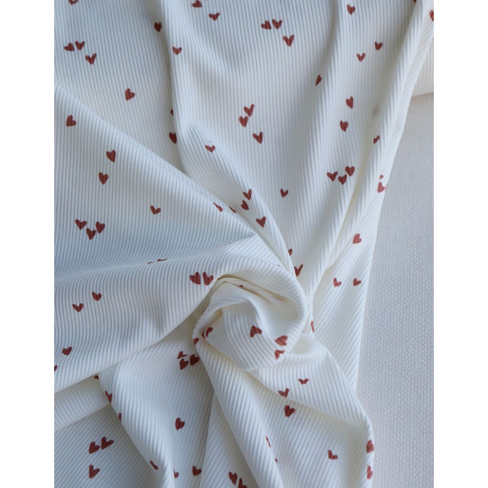 Jersey coton côtes fines à motifs mini coeurs lie de vin
