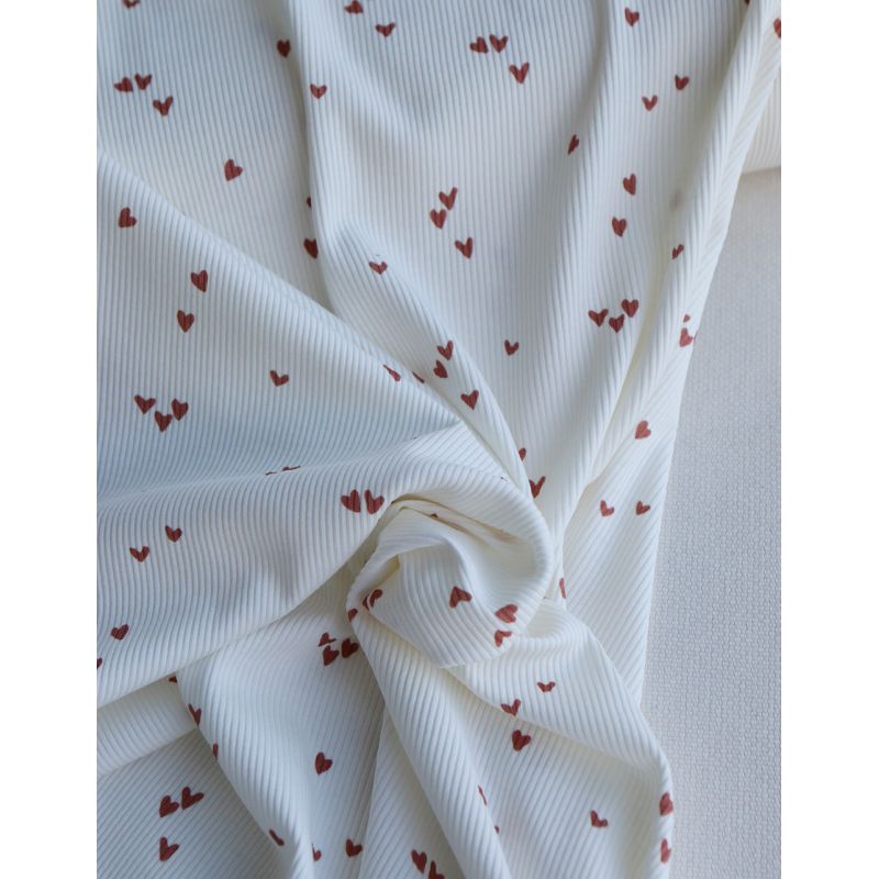 Jersey coton côtes fines à motifs mini coeurs lie de vin