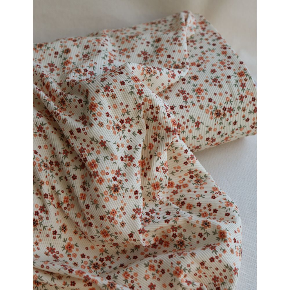 Jersey coton côtes fines à motif fleuri terracotta