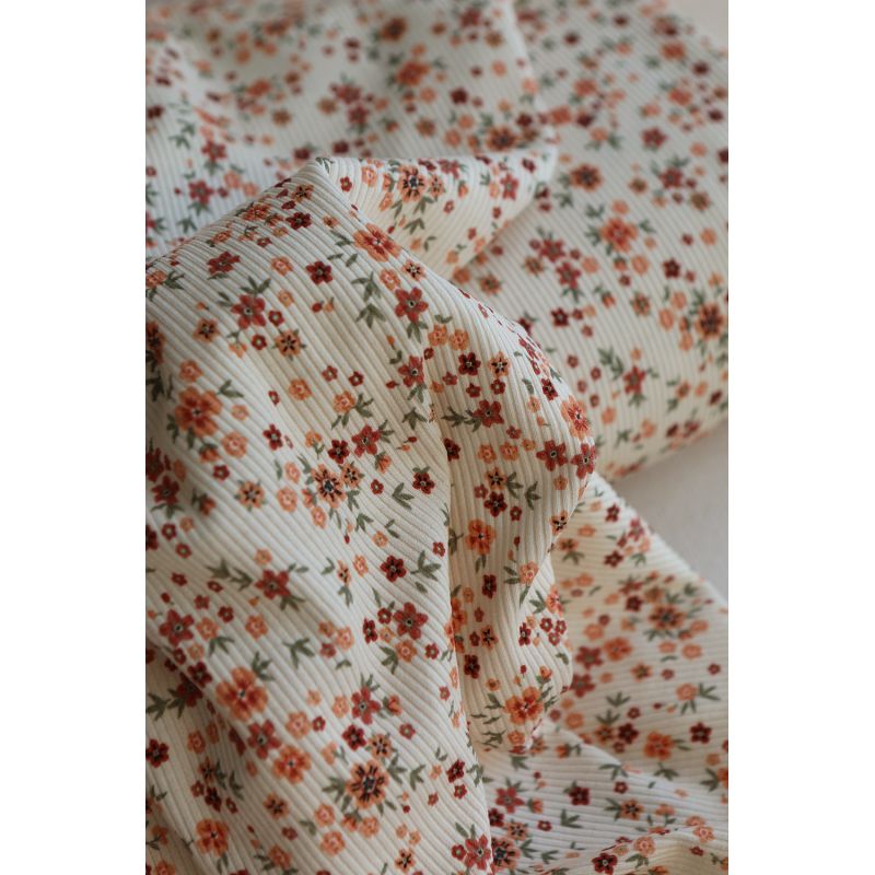 Jersey coton côtes fines à motif fleuri terracotta