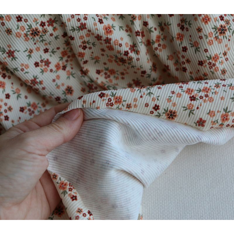 Jersey coton côtes fines à motif fleuri terracotta