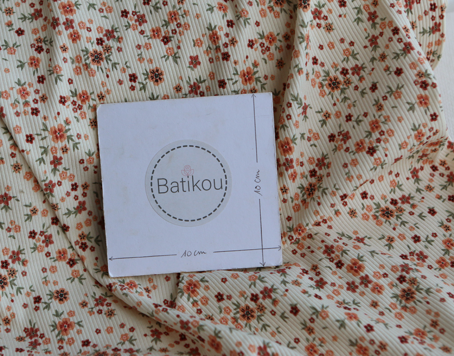 Jersey coton côtes fines à motif fleuri terracotta