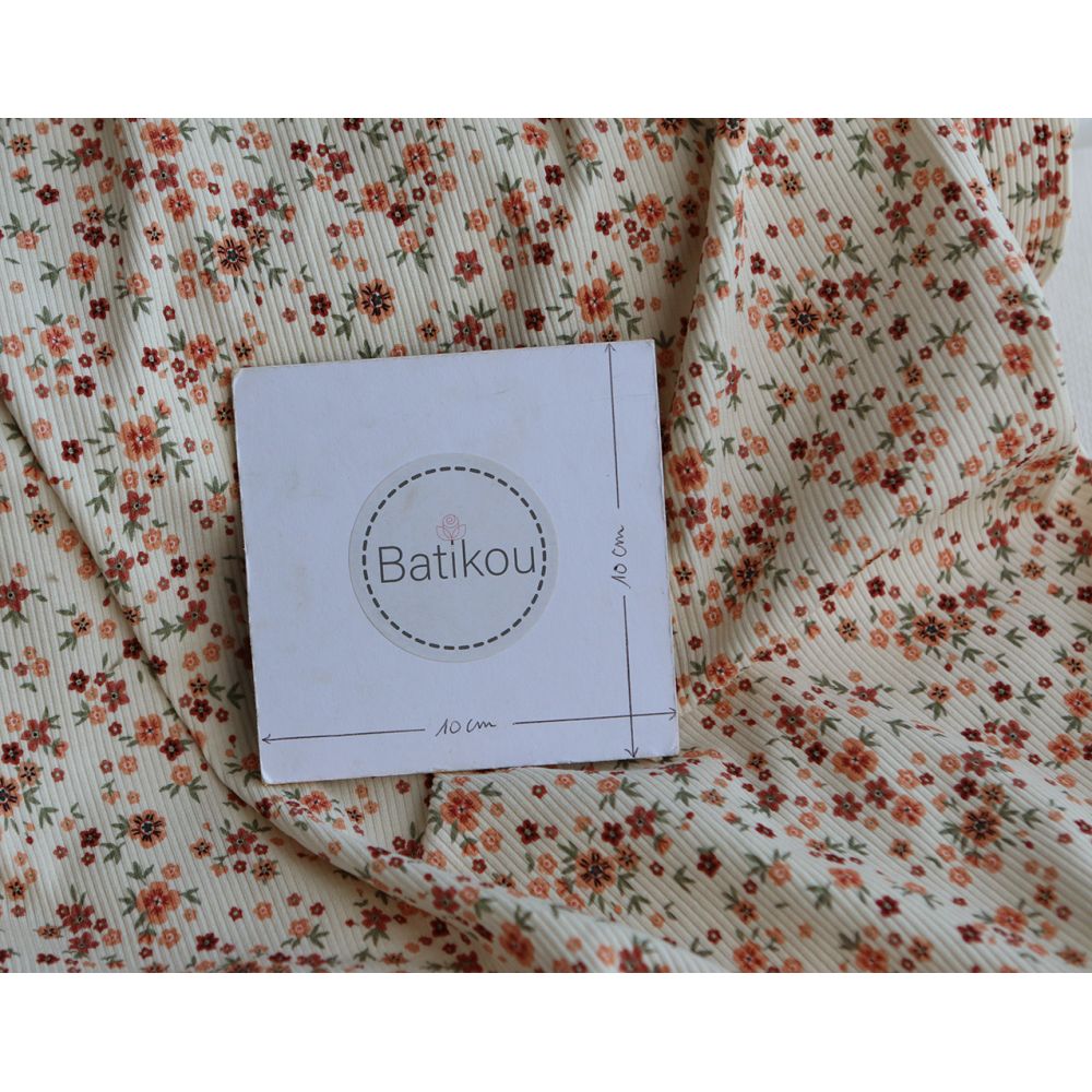 Jersey coton côtes fines à motif fleuri terracotta