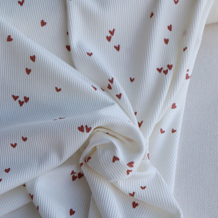 Jersey coton côtes fines à motifs mini coeurs lie de vin