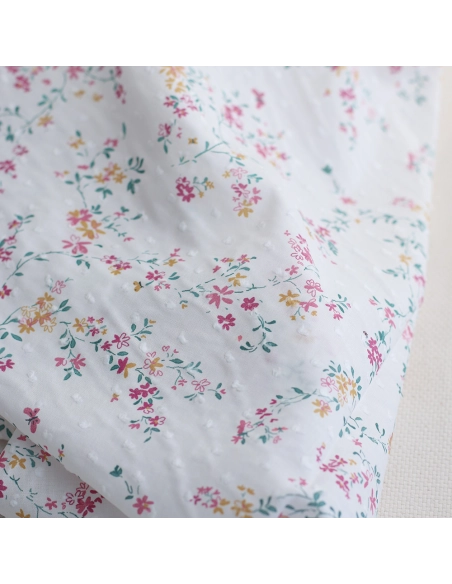 Coline - Plumetis de coton imprimé fleuri menthe et rose