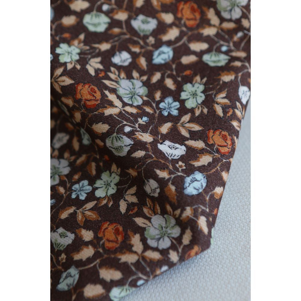 Amelia - Velours milleraies coton organique imprimé fleuri chocolat