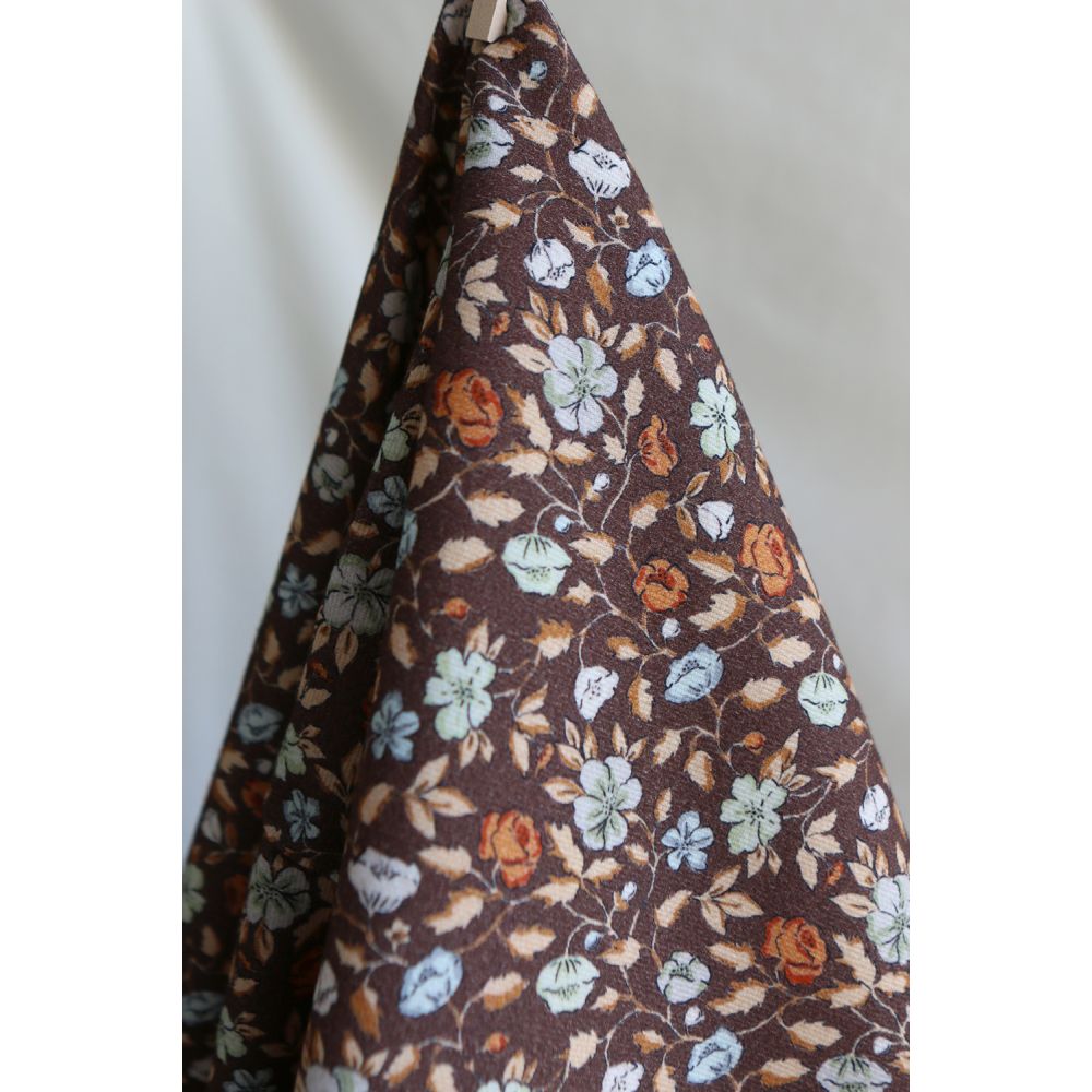 Amelia - Velours milleraies coton organique imprimé fleuri chocolat