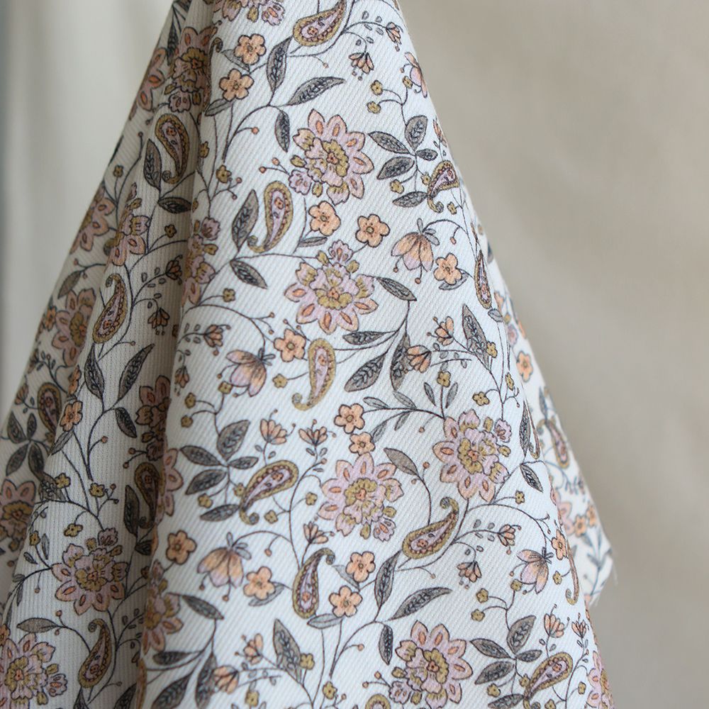 Théa - Velours milleraies coton organique imprimé fleuri écru
