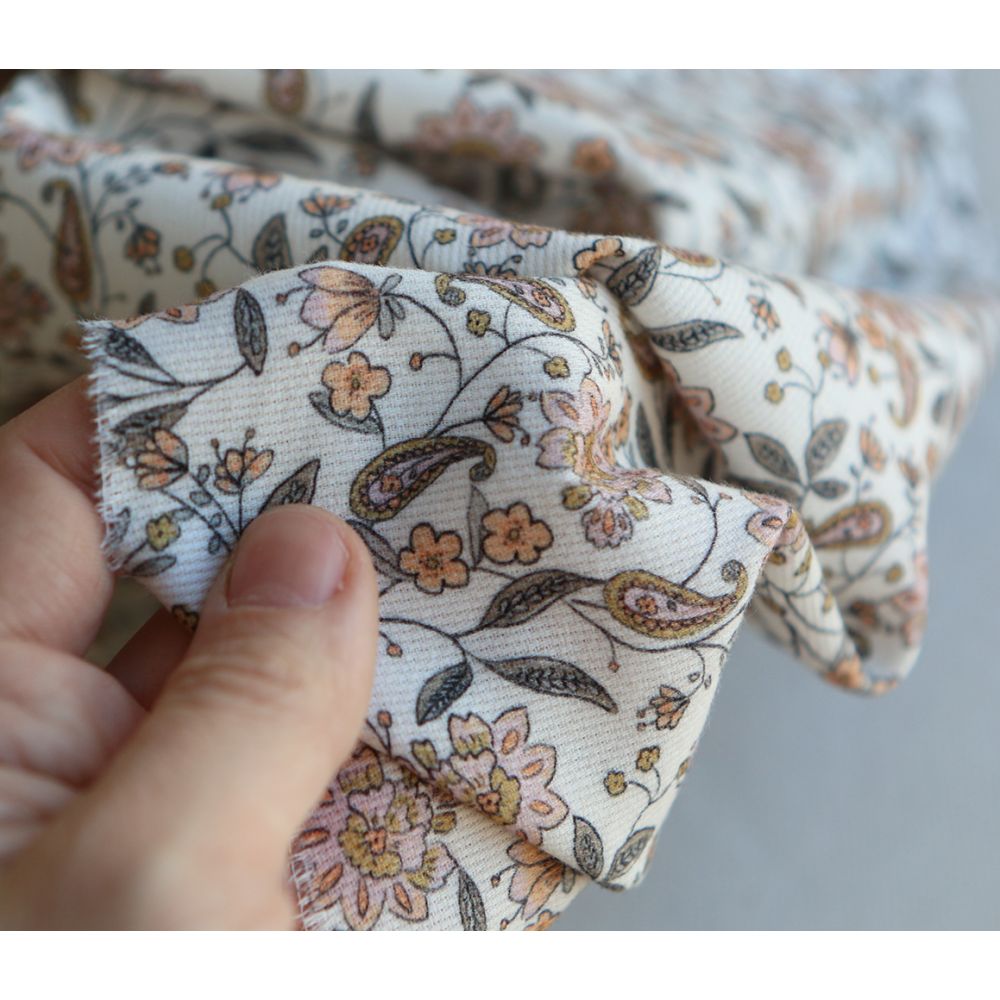 Théa - Velours milleraies coton organique imprimé fleuri écru