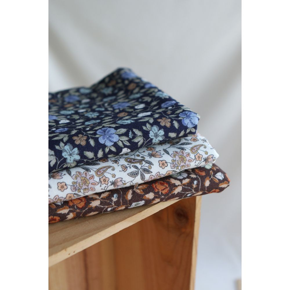 Théa - Velours milleraies coton organique imprimé fleuri écru