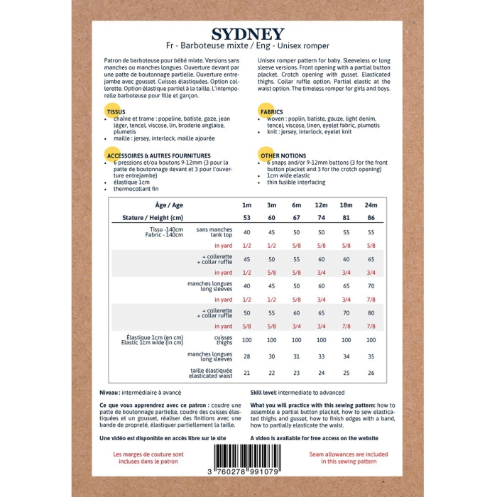 SYDNEY - Pochette patron Ikatee 1 au 24mois