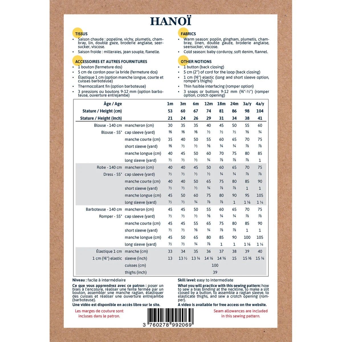 Hanoï - Pochette patron Ikatee 1mois au 4ans Hanoï - Pochette patron Ikatee 1mois au 4ans