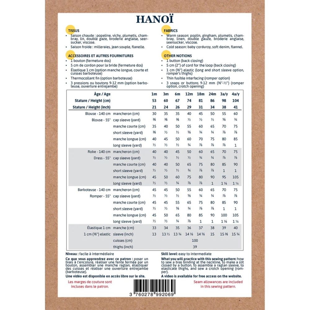 Hanoï - Pochette patron Ikatee 1mois au 4ans