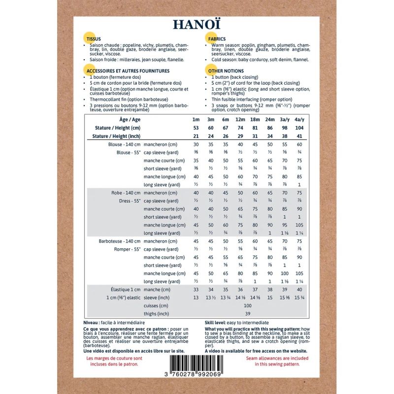 Hanoï - Pochette patron Ikatee 1mois au 4ans