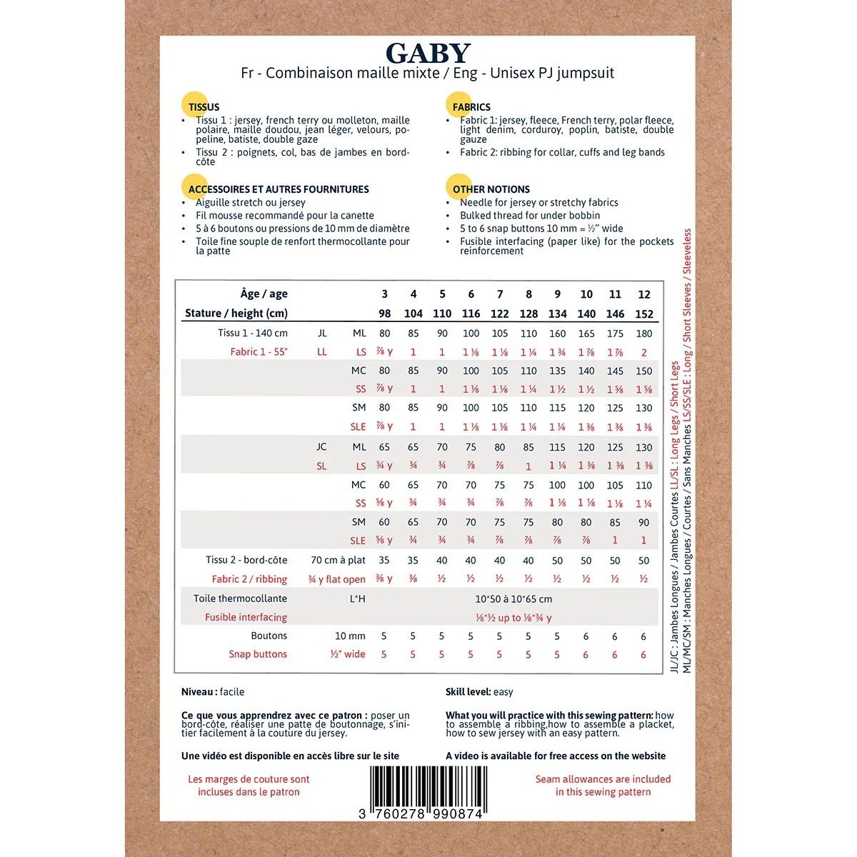 Gaby - Pochette patron Ikatee 3ans au 12ans Gaby - Pochette patron Ikatee 3ans au 12ans