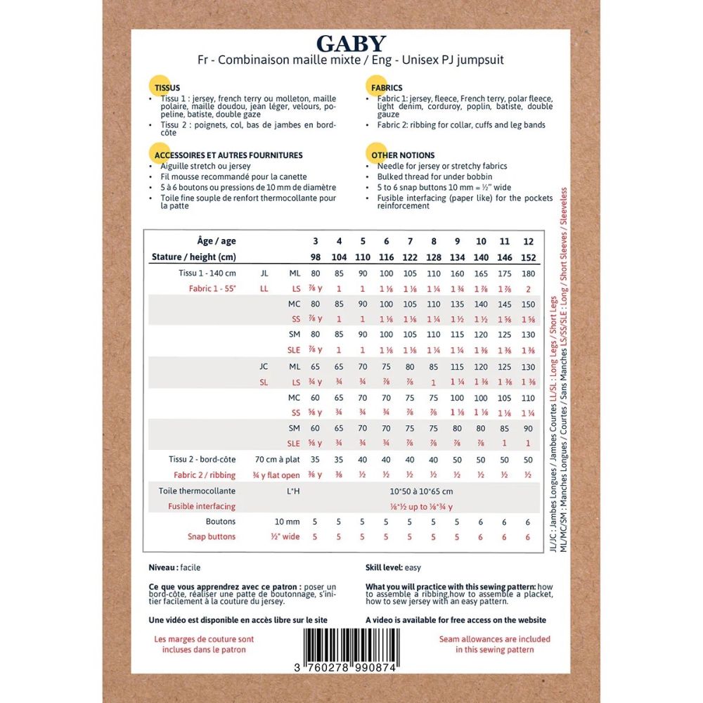 Gaby - Pochette patron Ikatee 3ans au 12ans