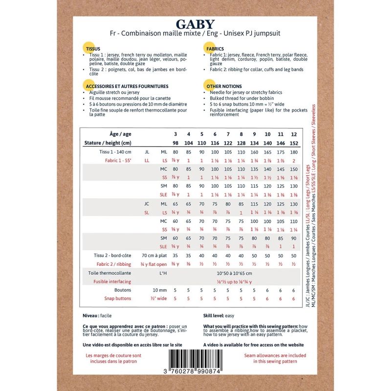 Gaby - Pochette patron Ikatee 3ans au 12ans