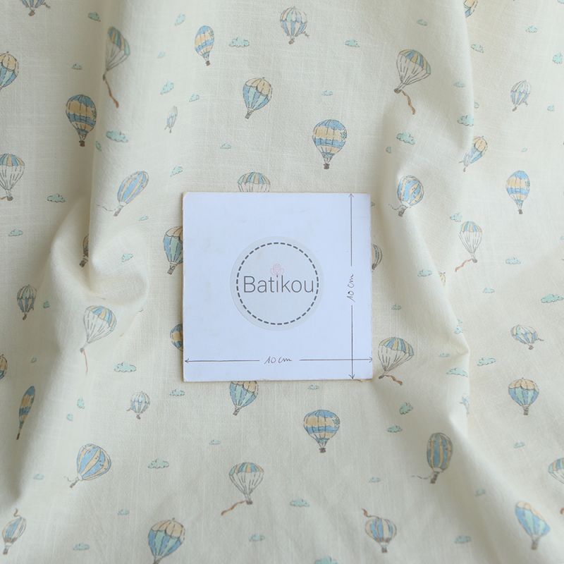 Fergusson - Coton lavé bio coloris vanille motif montgolfière