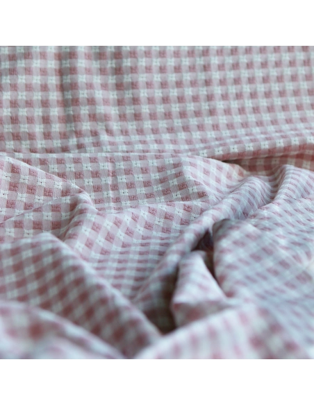 Dick - Seersucker / Coton gaufré texturé vichy 7mm écru et vieux rose
