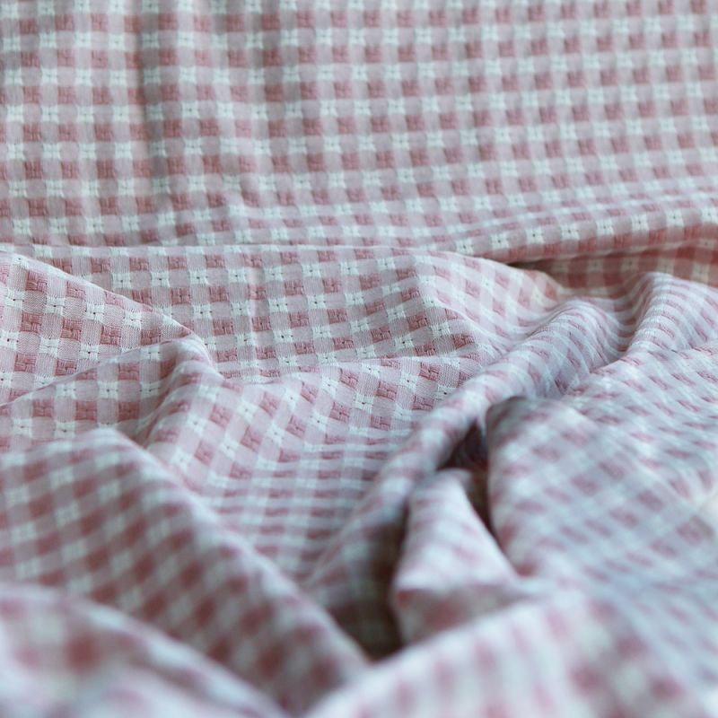 Dick - Seersucker / Coton gaufré texturé vichy 7mm écru et vieux rose