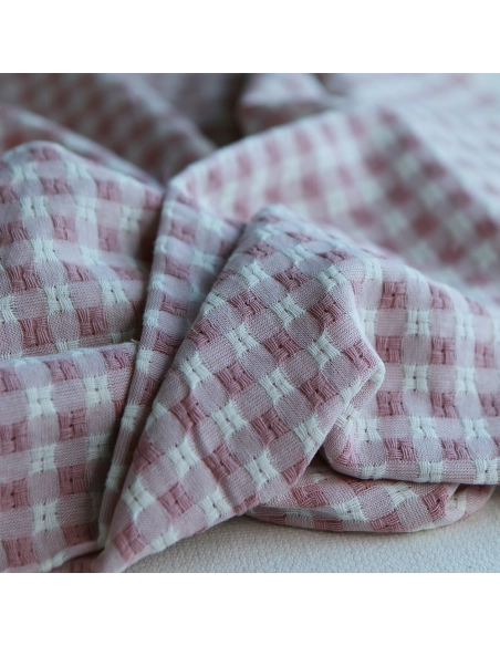Dick - Seersucker / Coton gaufré texturé vichy 7mm écru et vieux rose