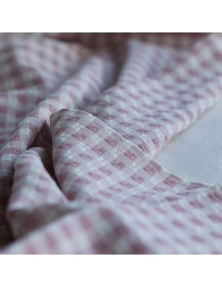 Dick - Seersucker / Coton gaufré texturé vichy 7mm écru et vieux rose