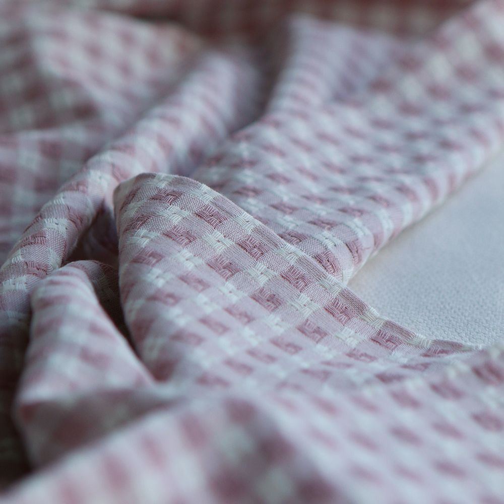 Dick - Seersucker / Coton gaufré texturé vichy 7mm écru et vieux rose