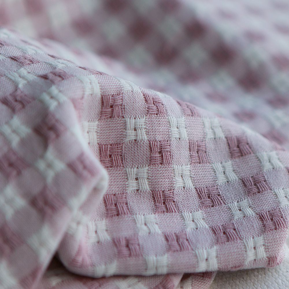 Dick - Seersucker / Coton gaufré texturé vichy 7mm écru et vieux rose