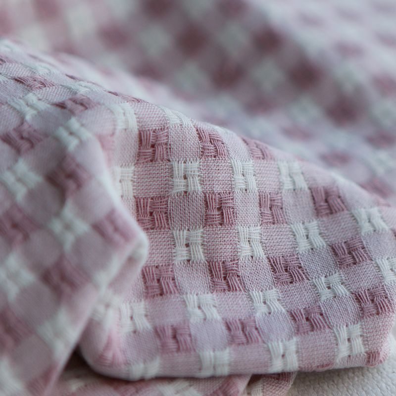 Dick - Seersucker / Coton gaufré texturé vichy 7mm écru et vieux rose