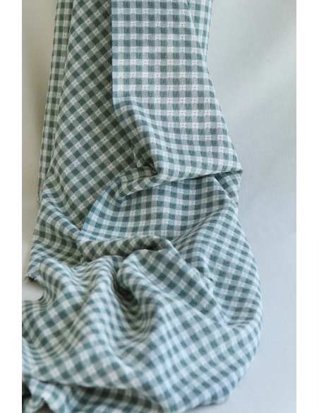 Dick - Seersucker / Coton gaufré texturé vichy 7mm écru et vert sauge