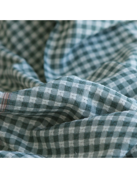 Dick - Seersucker / Coton gaufré texturé vichy 7mm écru et vert sauge