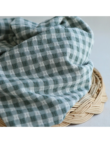 Dick - Seersucker / Coton gaufré texturé vichy 7mm écru et vert sauge