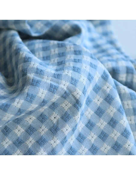 Dick - Seersucker / Coton gaufré texturé vichy 7mm écru et bleu jean tendre