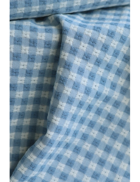 Dick - Seersucker / Coton gaufré texturé vichy 7mm écru et bleu jean tendre