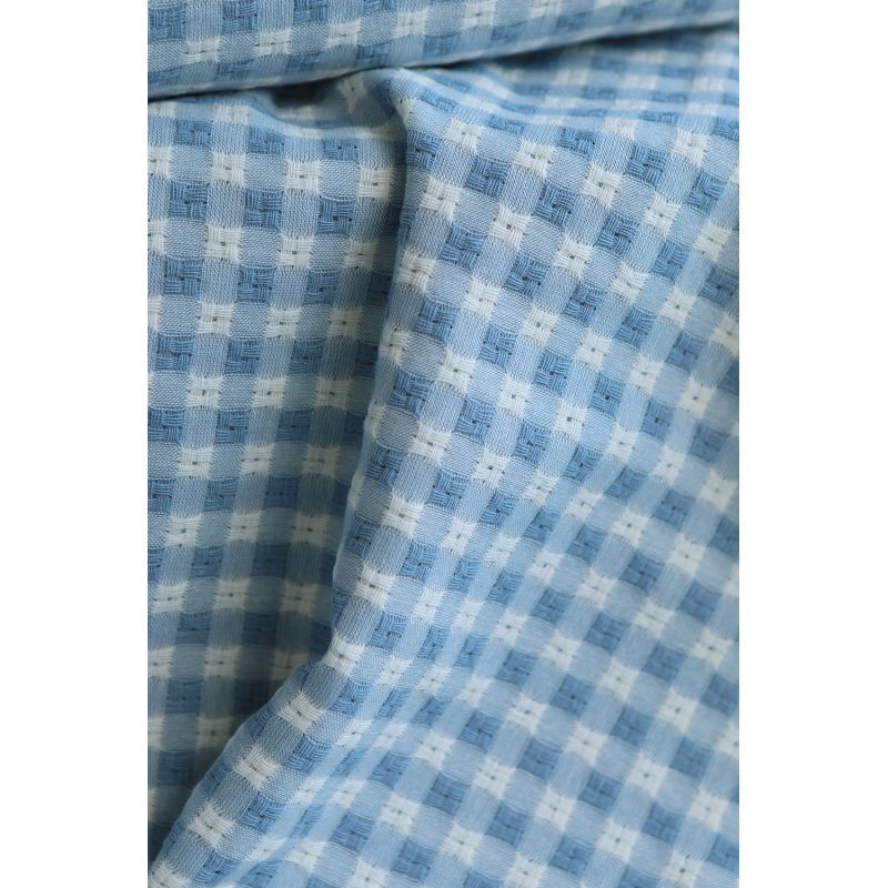Dick - Seersucker / Coton gaufré texturé vichy 7mm écru et bleu jean tendre