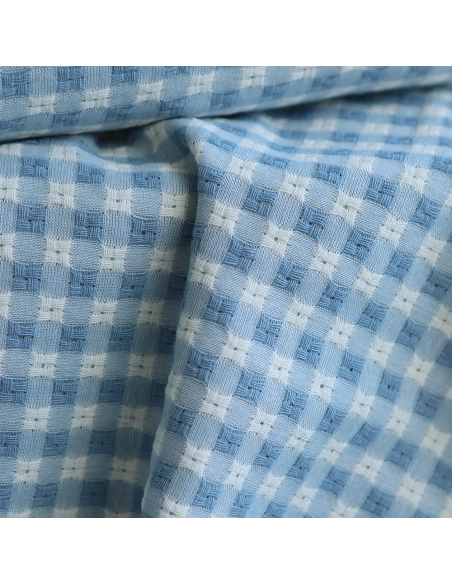 Dick - Seersucker / Coton gaufré texturé vichy 7mm écru et bleu jean tendre