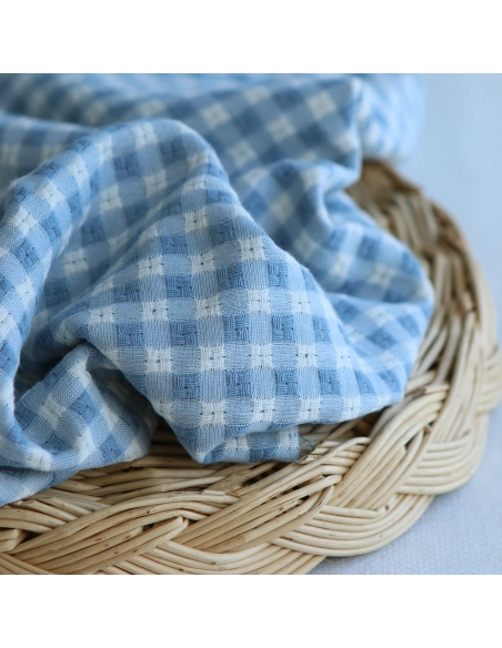 Dick - Seersucker / Coton gaufré texturé vichy 7mm écru et bleu jean tendre