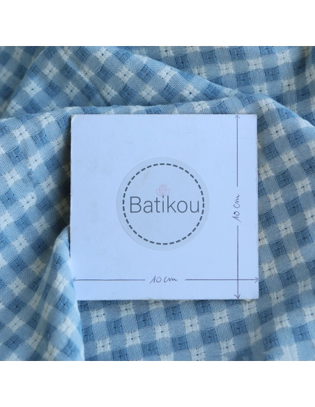 Dick - Seersucker / Coton gaufré texturé vichy 7mm écru et bleu jean tendre