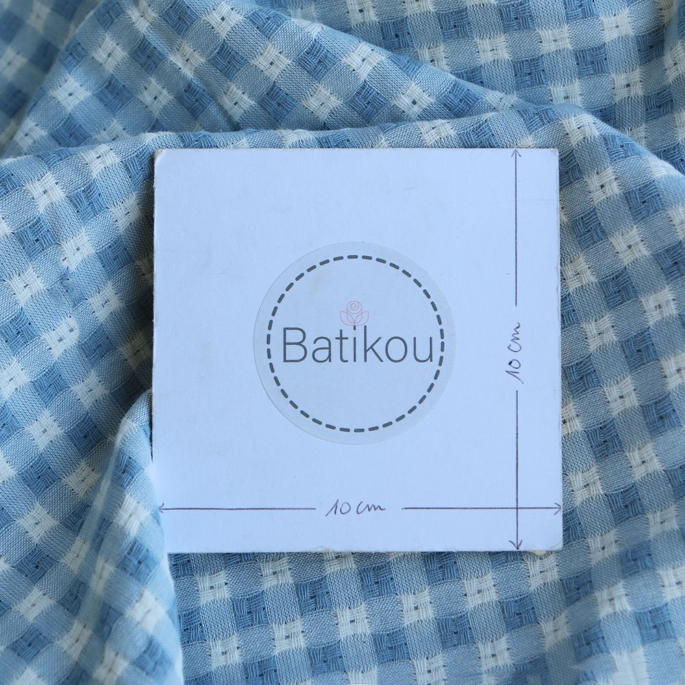 Dick - Seersucker / Coton gaufré texturé vichy 7mm écru et bleu jean tendre