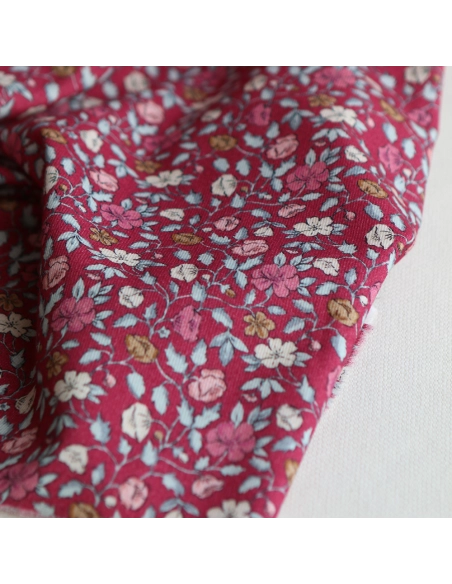 Amelia - Velours milleraies coton organique imprimé fleuri framboise
