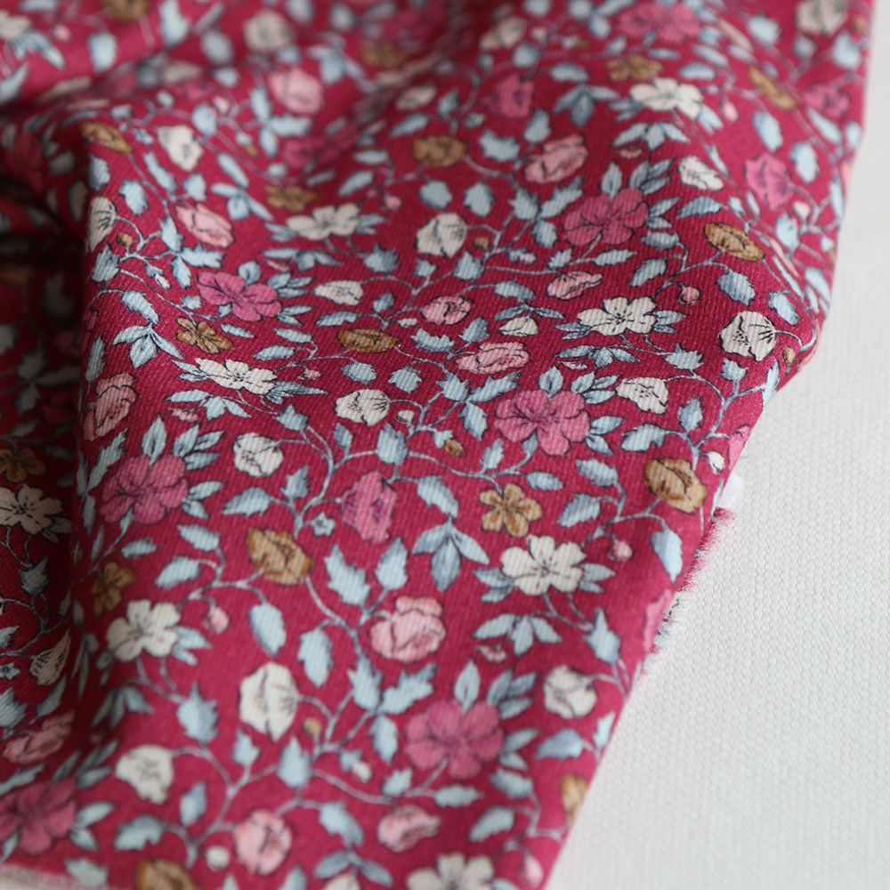 Amelia - Velours milleraies coton organique imprimé fleuri framboise