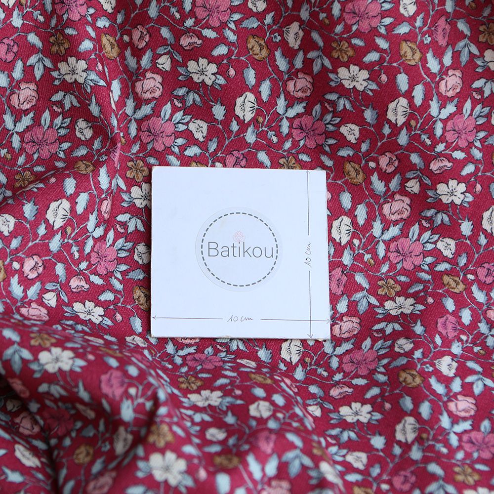 Amelia - Velours milleraies coton organique imprimé fleuri framboise